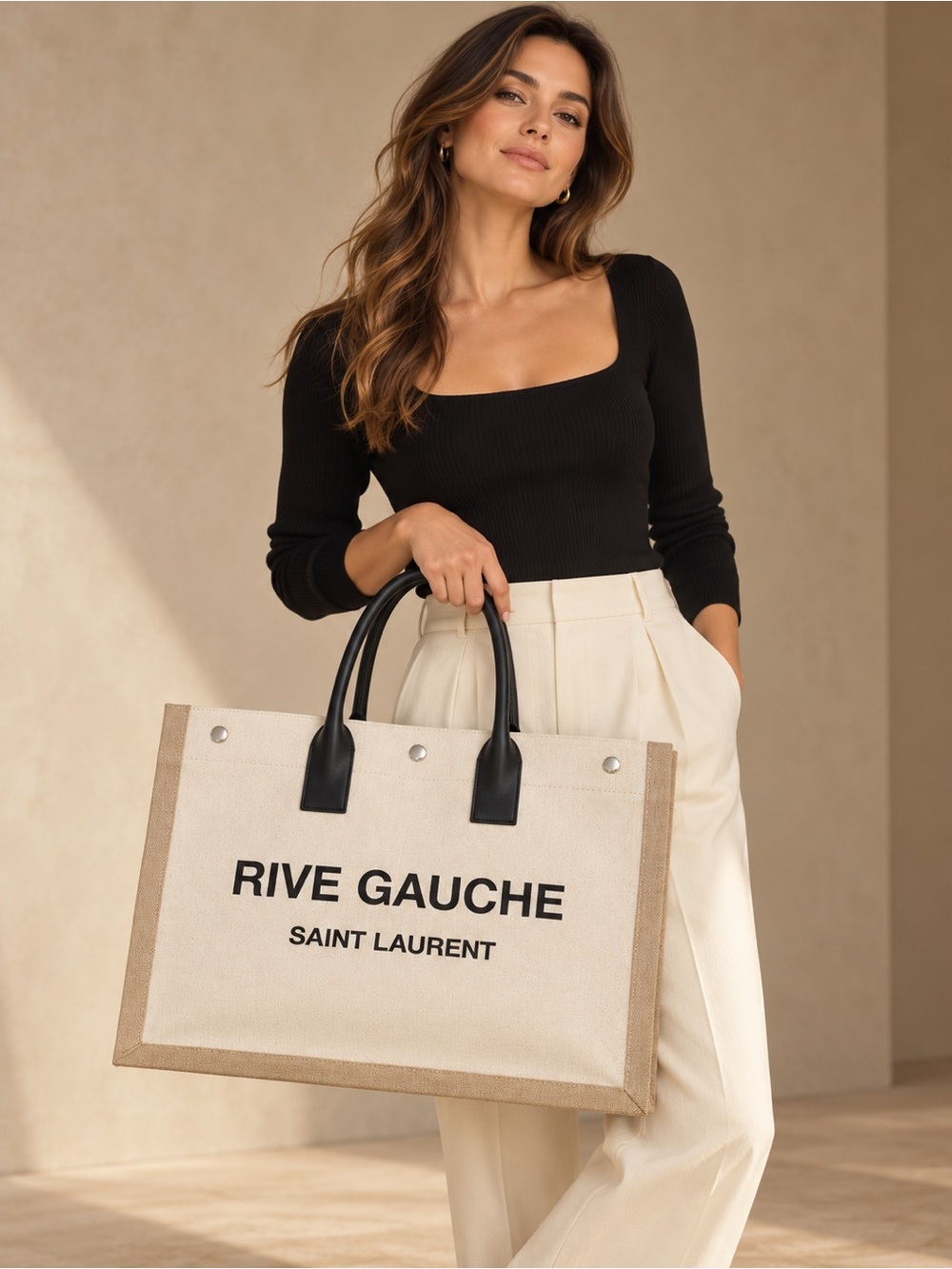 Saint Laurent Rive Gauche Tote in Cream, Tan and Black